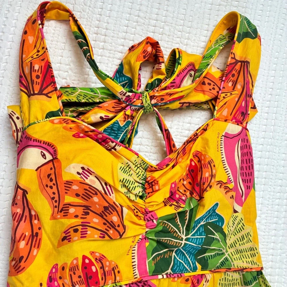 Farm Rio Yellow Tropical Toucan Banana Print Tiered Tie Back Maxi Dress Cotton